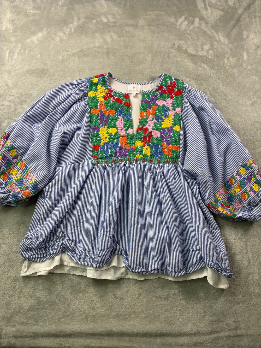 J. Marie Embroidered Floral Peasant Blouse Puff Sleeve Blue Stripe S